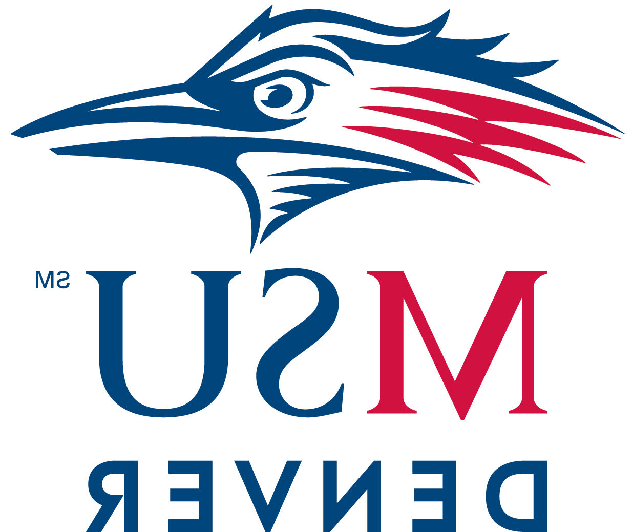 MSU Denver logo of a blue, white and red roadrunner