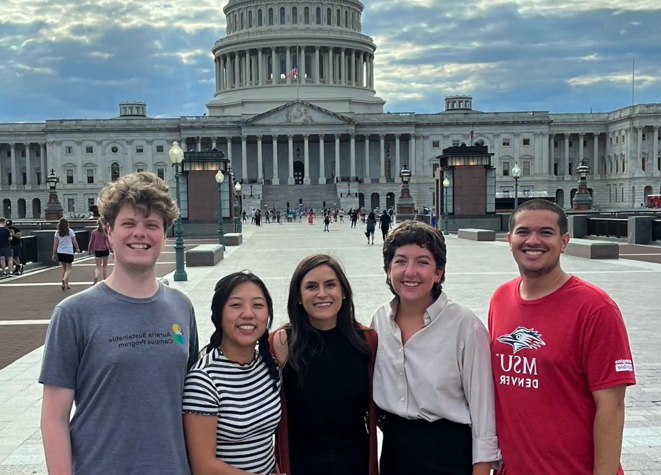 Five MSU Denver students from the Institute for Public Service program standing in front of the Capitol in Washington D.C.